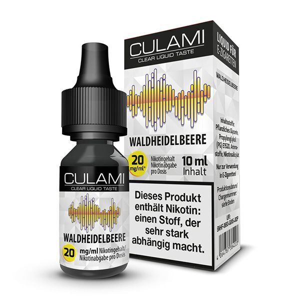 Culami Nikotinsalz - Waldheidelbeere 20mg Culami e-Liquid-Flasche und -Verpackung mit der Geschmacksrichtung Waldheidelbeere, 20 mg Nikotinsalz pro ml, 10 ml Inhalt, enthält Nikotin.