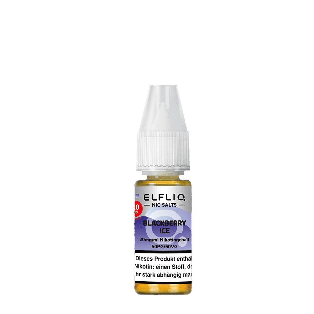Elfliq Nikotinsalz - Blackberry Ice 20mg Elfliq Nikotinsalz Blackberry Ice 20mg Flasche mit weißem Verschluss, lila Etikett und Warnhinweis zu Nikotininhalt.
