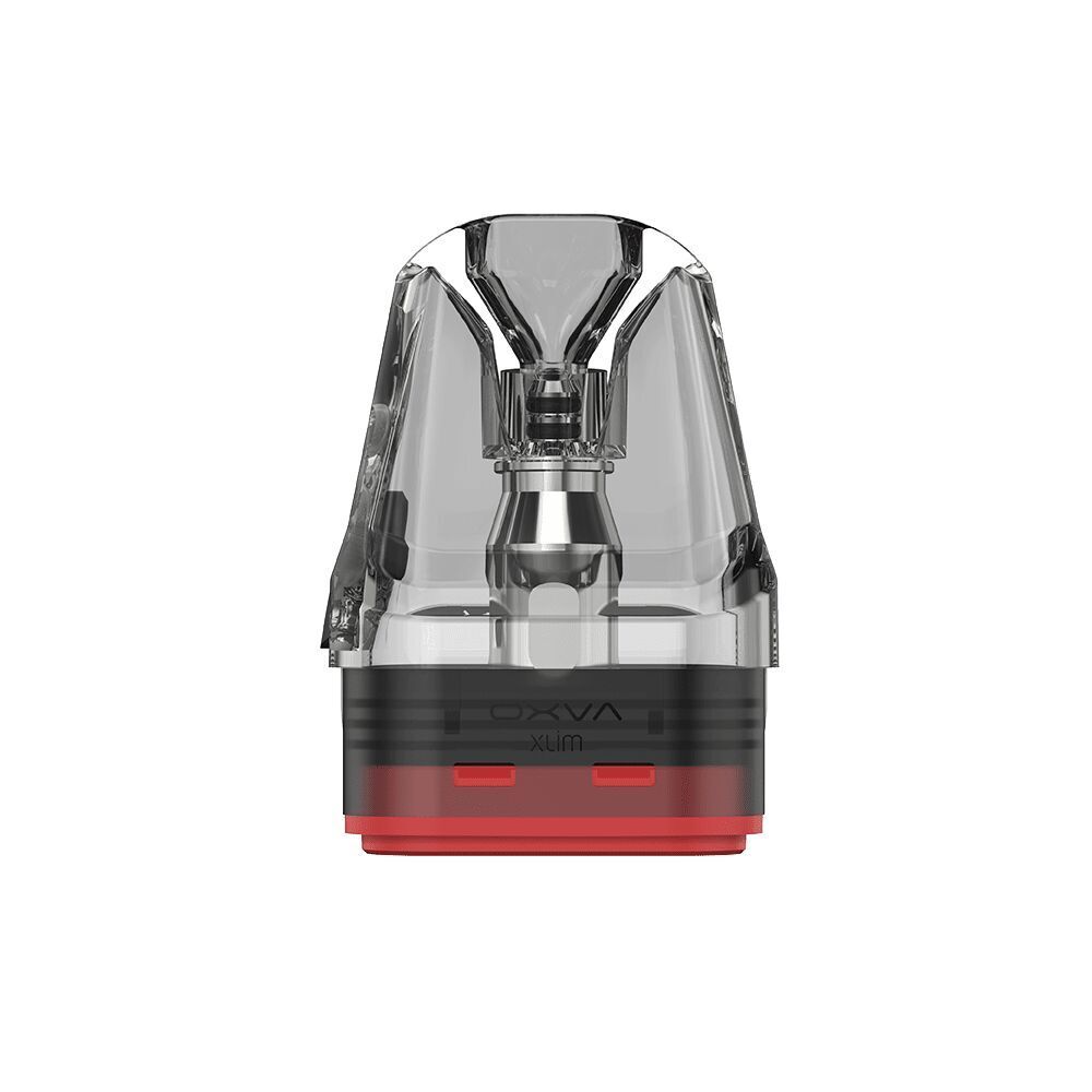 Oxva Xlim DNA Pods mit Coil - 0,4 Ohm Oxva Xlim DNA Pod mit Coil zeigt ein transparentes Design mit schwarzem und rotem Akzent, sichtbarem Metallkern und klarer Branding-Aufschrift.