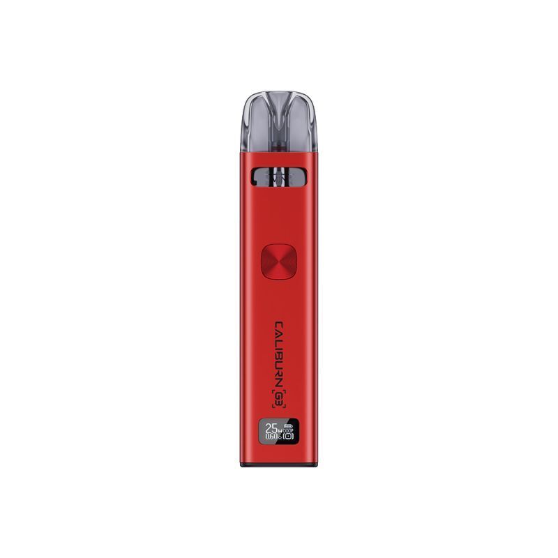 Uwell Caliburn G3 Pod Kit Uwell Caliburn G3 Pod Kit in Rot, zylindrische Form, sichtbares Mundstück und Feuerknopf, seitlich bedruckt mit „CALIBURN G3“ und Displayanzeige unten.