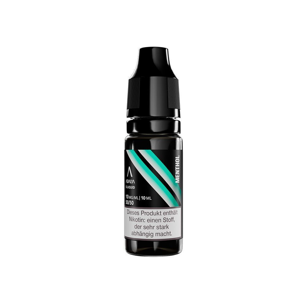 Liquid Menthol 10mg - Adalya Nikotinsalz Adalya Nikotinsalz Menthol 10mg Flasche mit schwarzem Verschluss, buntem Etikett und Warnhinweis, enthält 10 ml E-Liquid