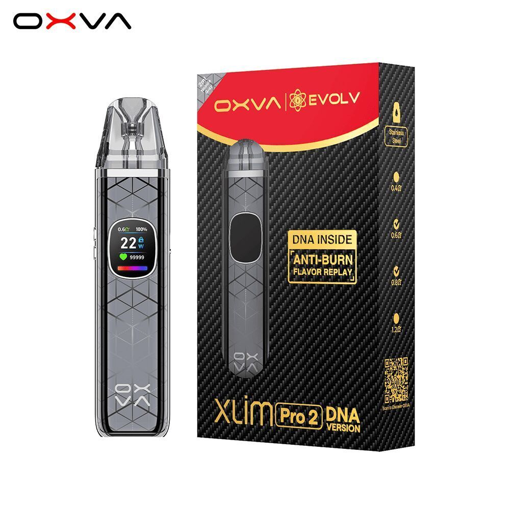 Oxva Xlim Pro 2 DNA Pod Kit - Nebula Gray Oxva Xlim Pro 2 DNA Pod Kit in Nebula Gray mit Displayanzeige in der Nähe einer Verpackung mit goldenen und roten Designelementen