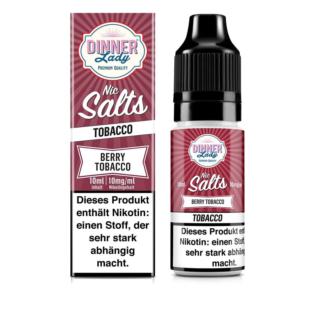 Liquid Berry Tobacco mit 10mg Nikotin von Dinner Lady Dinner Lady Nikotinsalz Berry Tobacco 10mg Packung und Flasche mit Warnhinweis zu Nikotin als stark abhängig machendem Stoff.