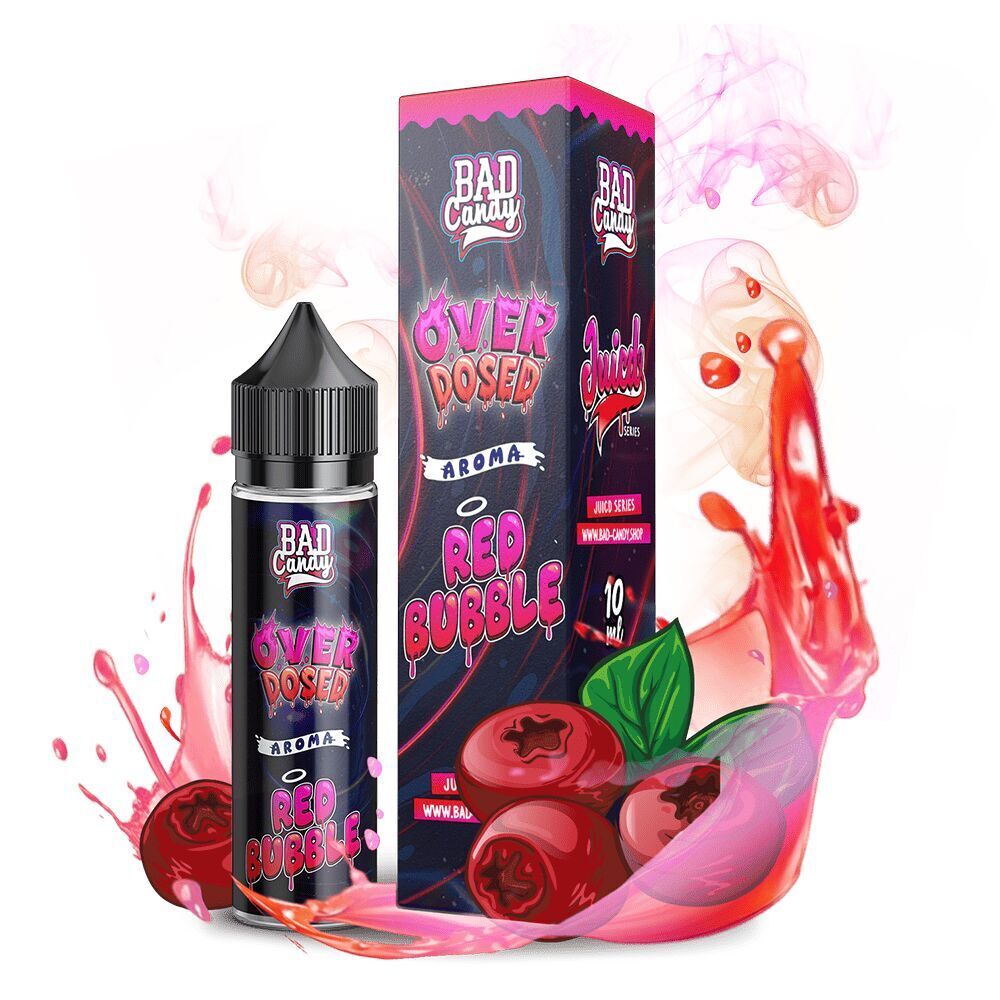 Aroma Red Bubble - Bad Candy Overdosed Bad Candy Aroma - Red Bubble Overdosed, zeigt eine schwarze Flasche und Verpackung mit roten Blasen und pinkem, wirbelndem Rauch.