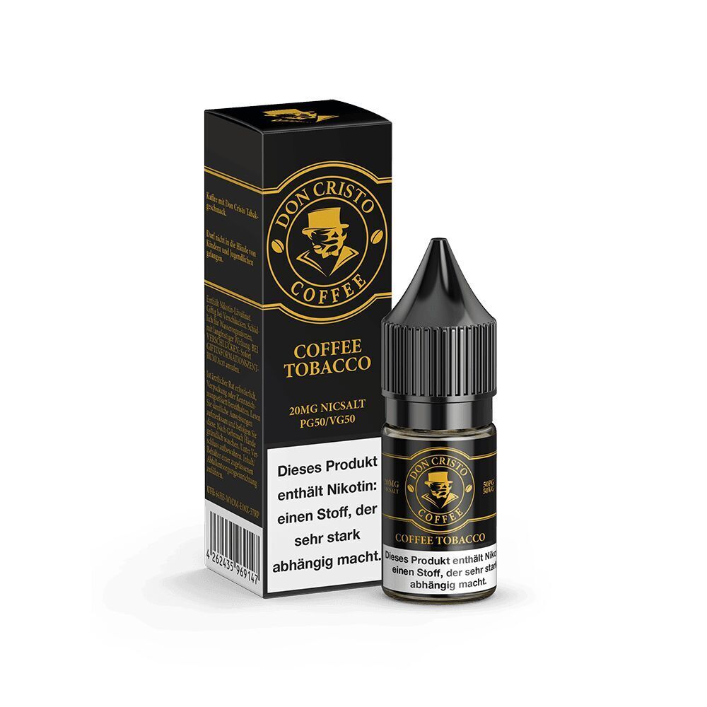 Liquid Coffee 20mg - Don Cristo Don Cristo Nikotinsalz Coffee 20mg Flasche neben einer schwarz-goldenen Verpackung mit Aufschrift „Coffee Tobacco“ und Warnhinweis zu Nikotin