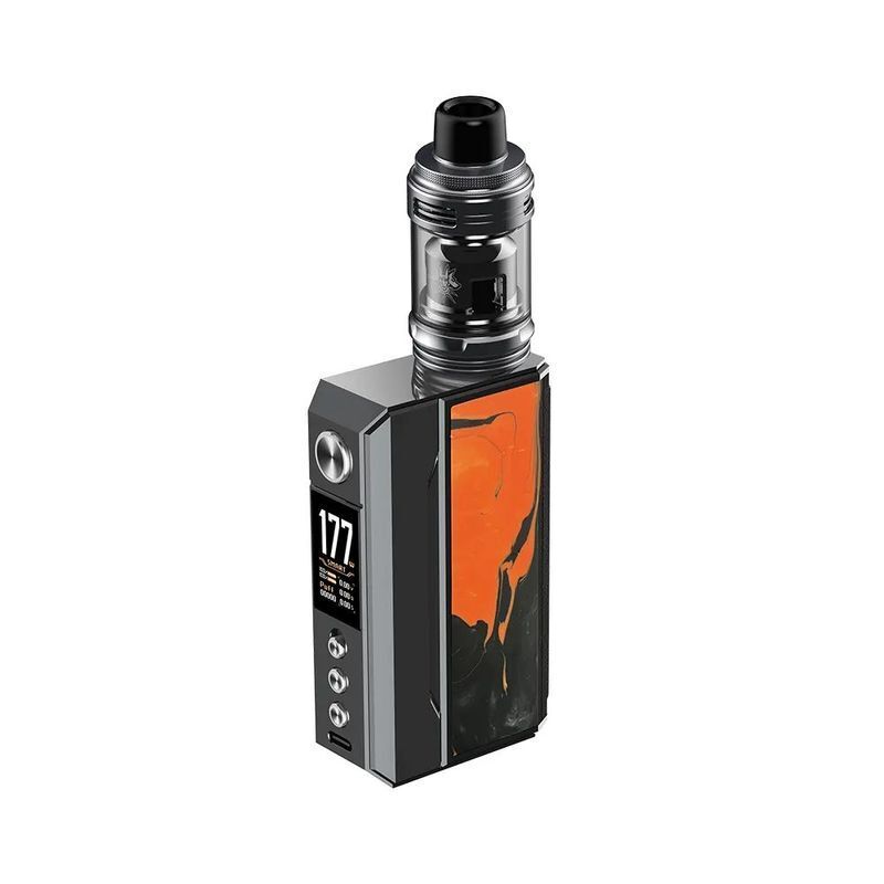Voopoo Drag 4 Pod Kit in der Farbe Gun Tropical Orange Voopoo Drag 4 Pod Kit in Gunmetal und Tropical Orange, zeigt eine digitale Anzeige mit 177 Watt und einen Pod mit auffälligem Design.