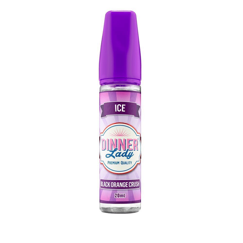 Aroma Black Orange Crush von Dinner Lady Lila Aromaflasche Dinner Lady Ice Black Orange Crush, 20ml, mit lila Kappe und Branding auf dem Etikett.