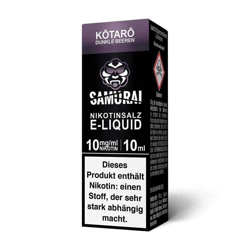 Liquid Kotaro Dunkle Beeren 10mg - Samurai Verpackung von Samurai Nikotinsalz E-Liquid Kotaro Dunkle Beeren 10mg, mit Warnhinweis über Nikotinsucht und Samurai-Logo.