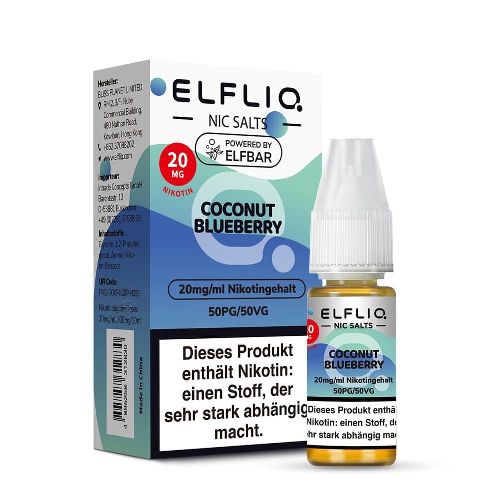 Elfliq Nikotinsalz - Coconut Blueberry 20mg Verpackung und Flasche von Elfliq Nikotinsalz Coconut Blueberry 20mg mit Warnhinweis zur Nikotinabhängigkeit, Markenlogo und Inhaltsangaben.