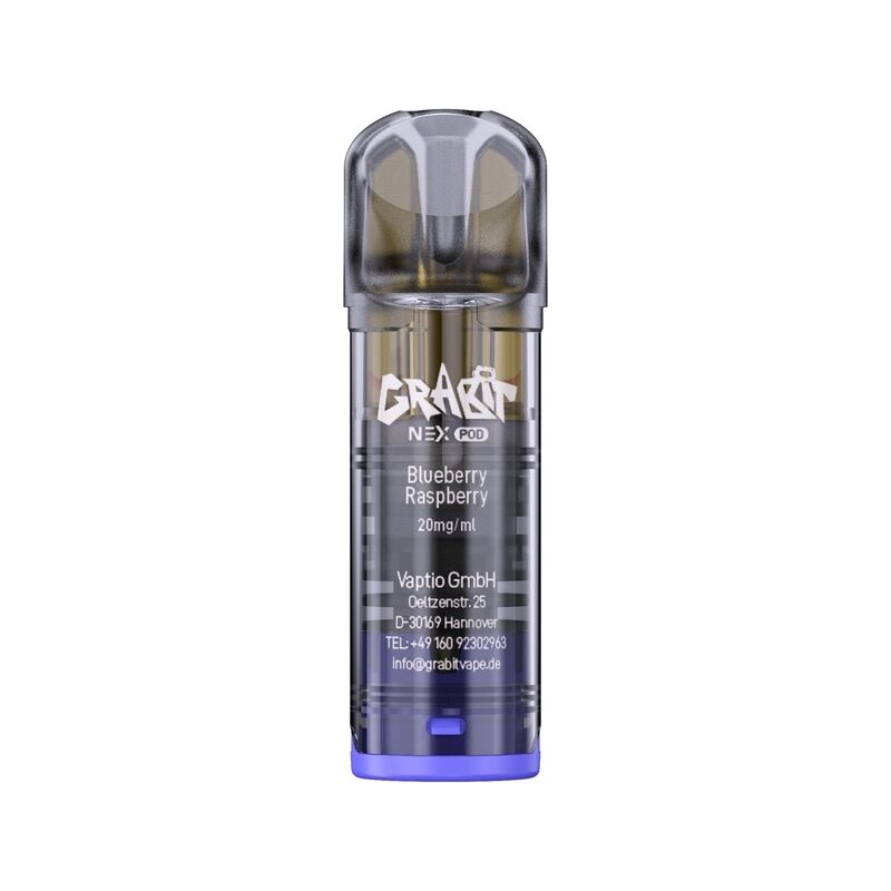 Grabit Nex Pod-E-Zigarette in Blau mit der Aufschrift Blueberry Raspberry 20mg/ml, Kontaktinformationen von Vaptio GmbH sichtbar.