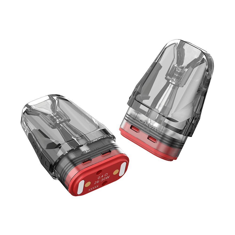 Oxva Xlim Pro Pods mit Coil - 3ml Zwei transparente Oxva Xlim Pro Pods mit roten Details und sichtbaren Coils, geeignet für 26-30W und einer Kapazität von 3ml.