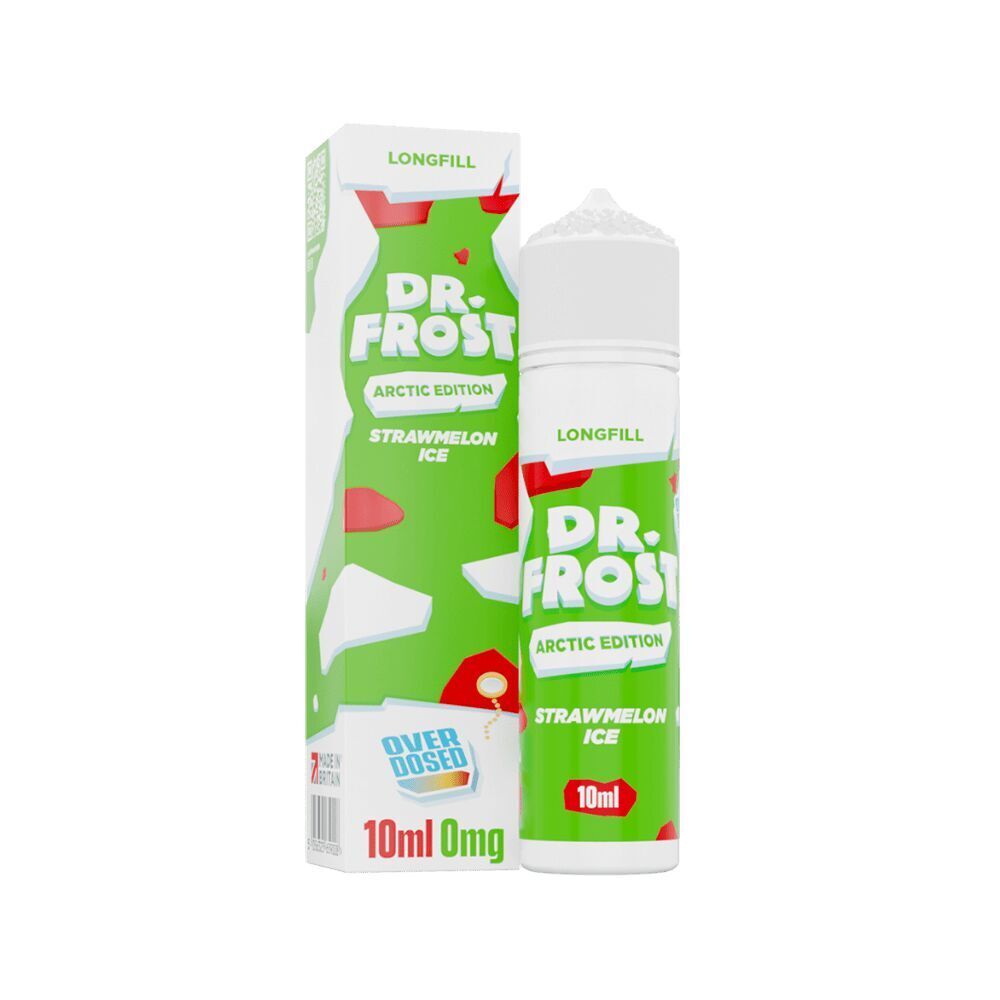 Aroma Strawmelon Ice - Dr. Frost Dr. Frost Arctic Edition Longfill Aroma Strawmelon Ice, 10ml Flasche mit grünem Etikett, weiß-roten Highlights und 0mg Nikotin.