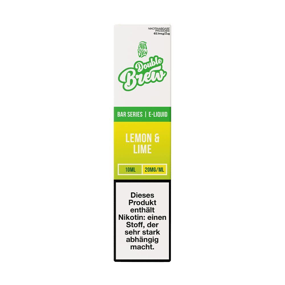 Liquid Lemon & Lime 20mg - Double Brew Verpackung von Double Brew Lemon & Lime Nikotinsalz, 10 ml, 20 mg/ml, mit Nikotin-Warnhinweis und grünem Logo auf weißem Hintergrund