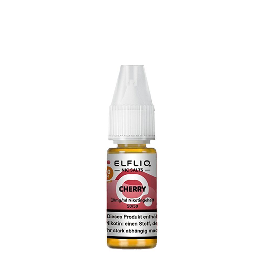 Elfliq Nikotinsalz - Cherry 10mg Elfliq Nikotinsalz Cherry 10mg Flasche mit weißem Verschluss und rosafarbenem Etikett mit Aufschrift "Cherry 10mg/ml Nikotingehalt".