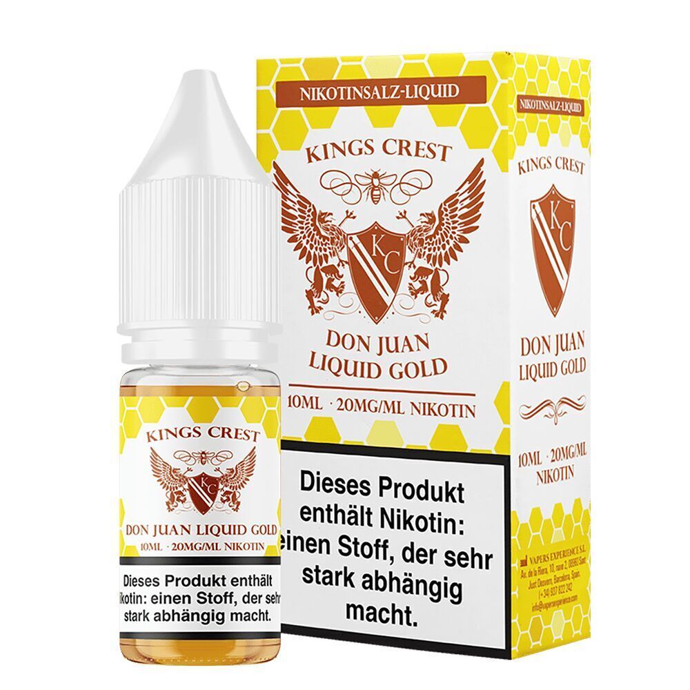 Kings Crest Nikotinsalz Don Juan Gold 20mg Flasche und Verpackung mit Wappen und Hinweis: "Dieses Produkt enthält Nikotin, das stark abhängig macht"
