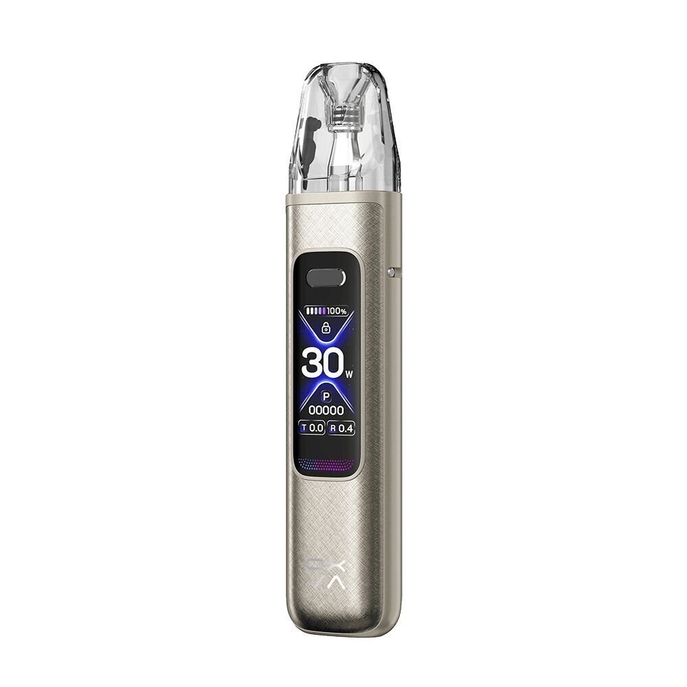Oxva Xlim Pro 3 Pod Kit - Titanium Silk Oxva Xlim Pro 3 Pod Kit in Titanium Silk mit digitalem Display, zeigt 30W Leistung, Ladeanzeige und verriegeltes Symbol, transparente Kappe.