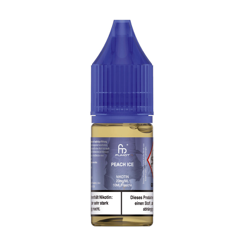 RandM Tornado Nikotinsalz Liquid RandM Tornado Nikotinsalz Liquid - Peach Ice, 20mg, 10ml Flasche mit blauem Deckel und Warnhinweisen auf dem Etikett.