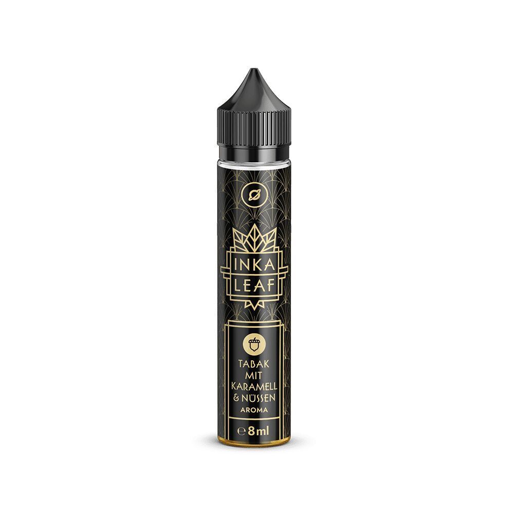 Schwarze Aroma-Flasche mit goldenen Mustern, Inka Leaf Logo und der Aufschrift "Tabak mit Karamell & Nüssen" 8 ml