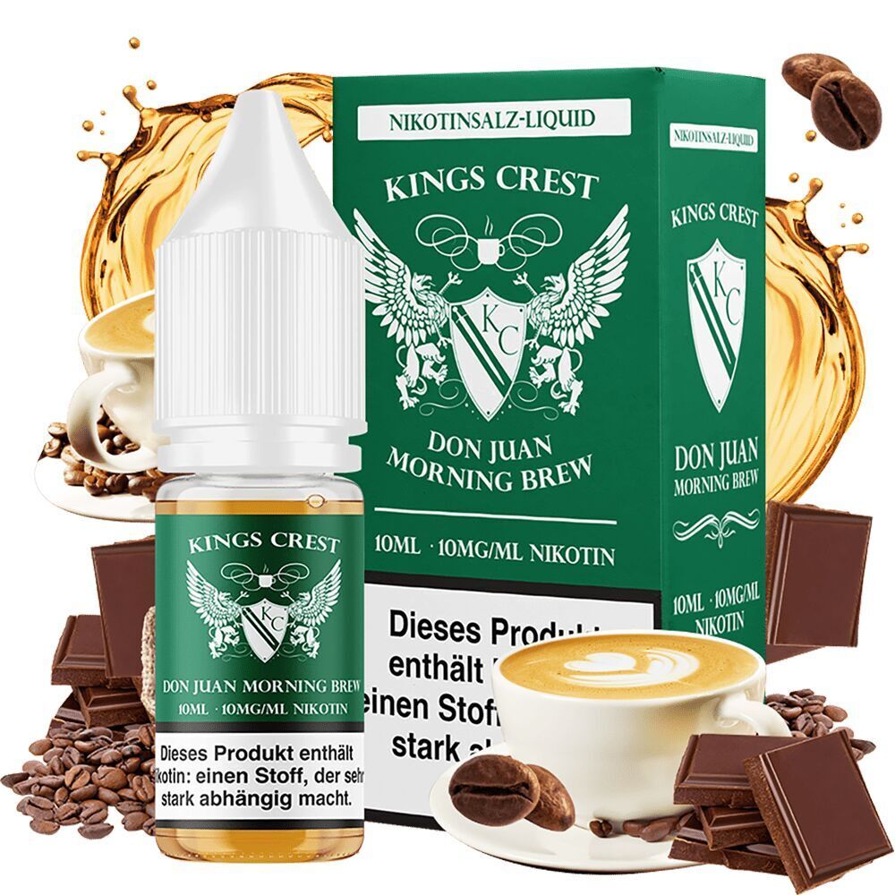 Kings Crest Nikotinsalz - Don Juan Morning Brew Kings Crest Nikotinsalz Don Juan Morning Brew Flasche und Verpackung mit Kaffeetasse, Schokoladenstücken und Kaffeebohnen im Hintergrund