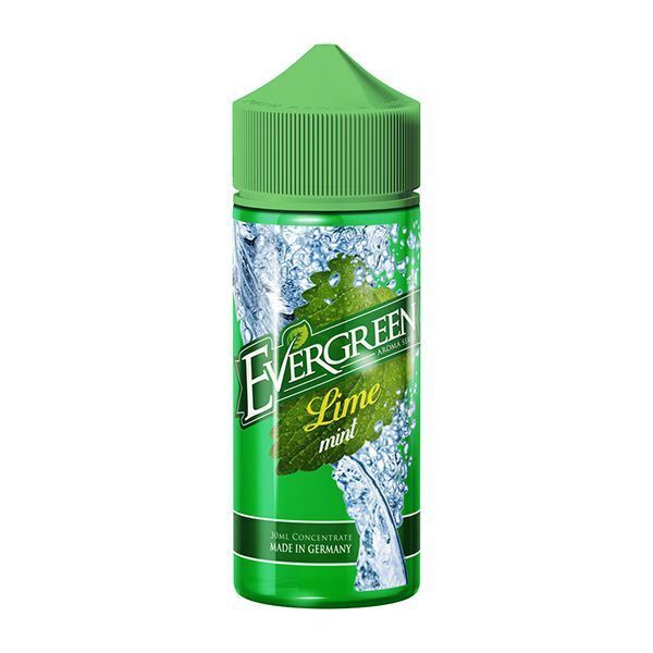 Aroma Lime Mint von Evergreen Ein grünes Evergreen Aroma Fläschchen mit der Aufschrift Lime Mint, Verzierungen aus Minzblättern und Wassertropfen, 30ml aus Deutschland.