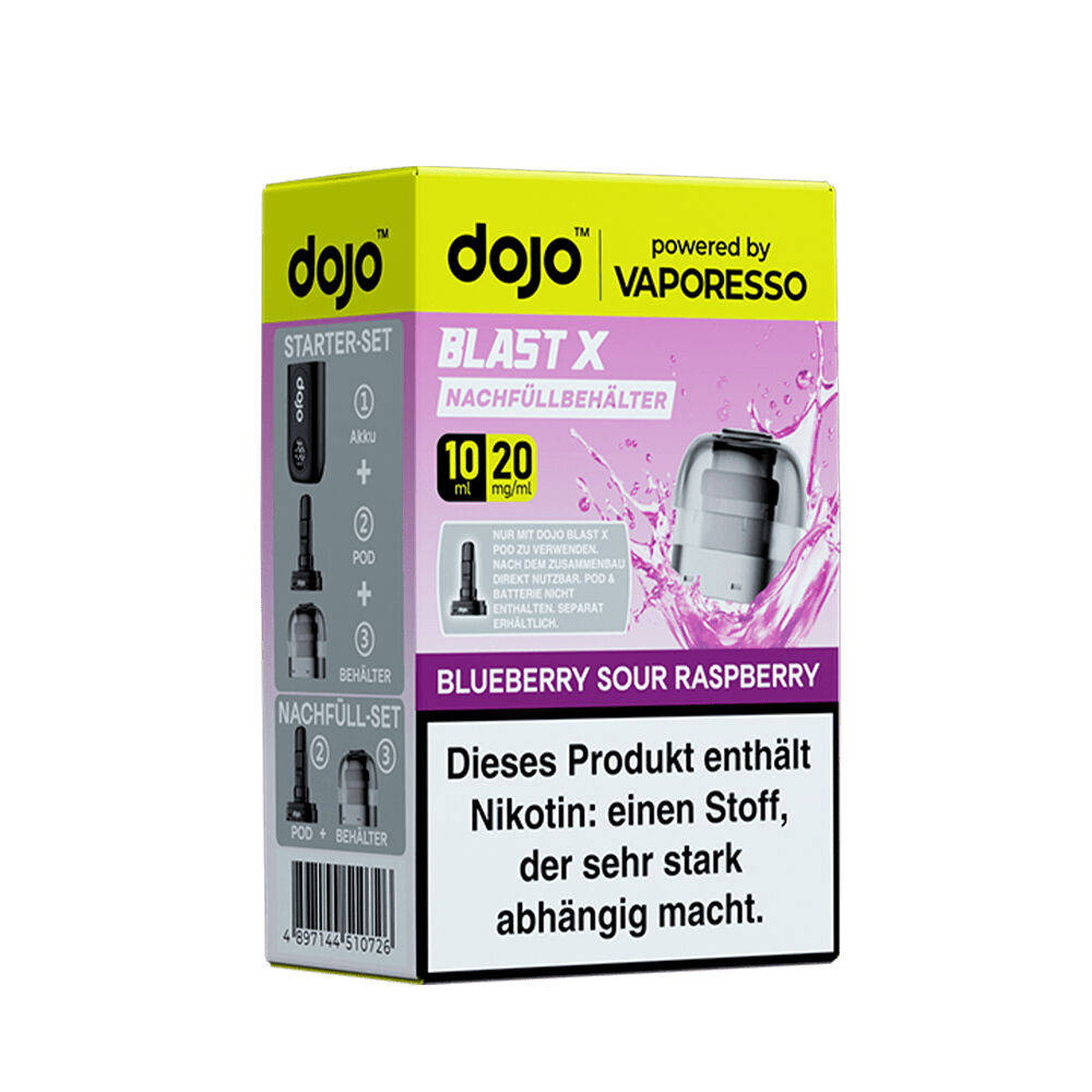 Vaporesso Dojo Blast X Pods - 20mg Nikotinsalz Vaporesso Dojo Blast X Pods Blueberry Sour Raspberry 20mg Verpackung, lila und gelb, mit Warnhinweis und Nachfüll-Illustrationen
