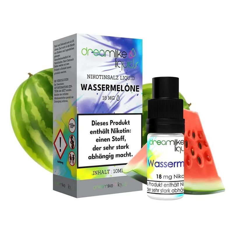 Liquid Watermelon mit 18mg Nikotin von Dreamlike Liquids Dreamlike Nikotinsalz Liquid Wassermelone 18mg Box und Flasche, Wassermelone und Textwarnung mit Nikotinabhängigkeitshinweis.