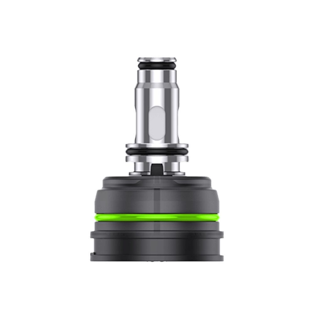 Uwell Crown Nano Verdampferkopf, silbern mit schwarzen Akzenten und einem grünen Ring in der Mitte, klare, strukturierte Details