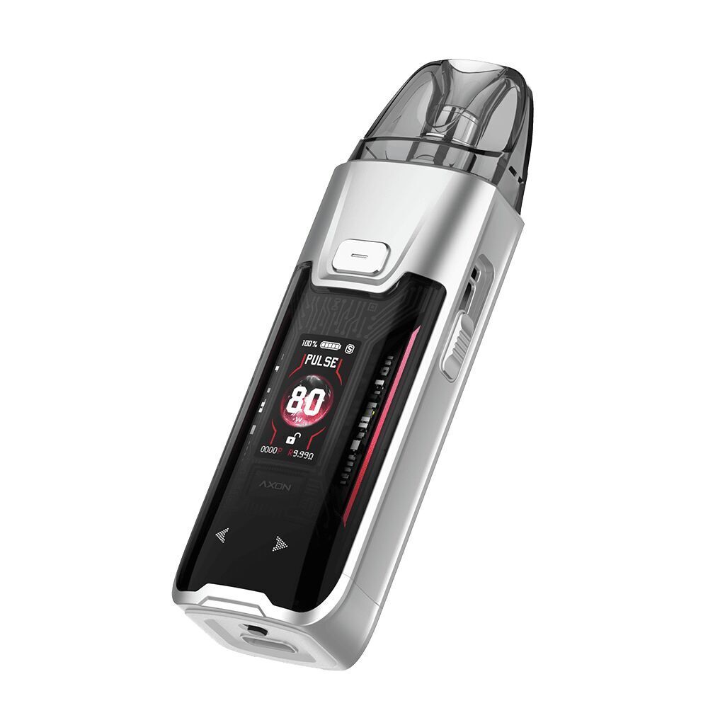 Vaporesso Luxe XR Max 2 Pod Kit in Silber mit transparentem Mundstück, großem Farbdisplay und seitlicher Bedientaste