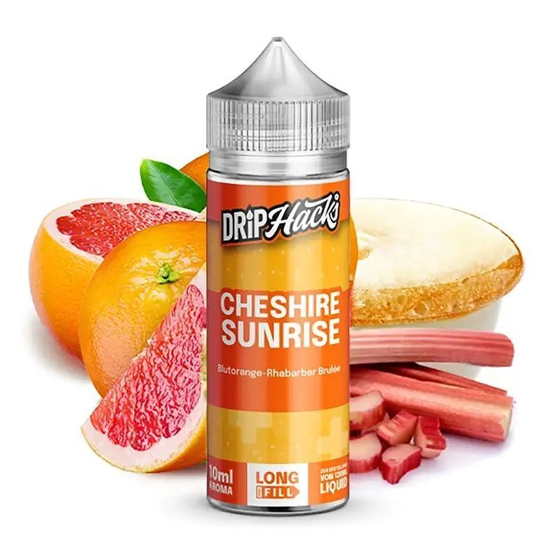 Aroma Cheshire Sunrise von Drip Hacks Drip Hacks Aroma Cheshire Sunrise Flasche vor einer Grapefruit, Orange und Rhabarber mit einem cremigen Dessert im Hintergrund