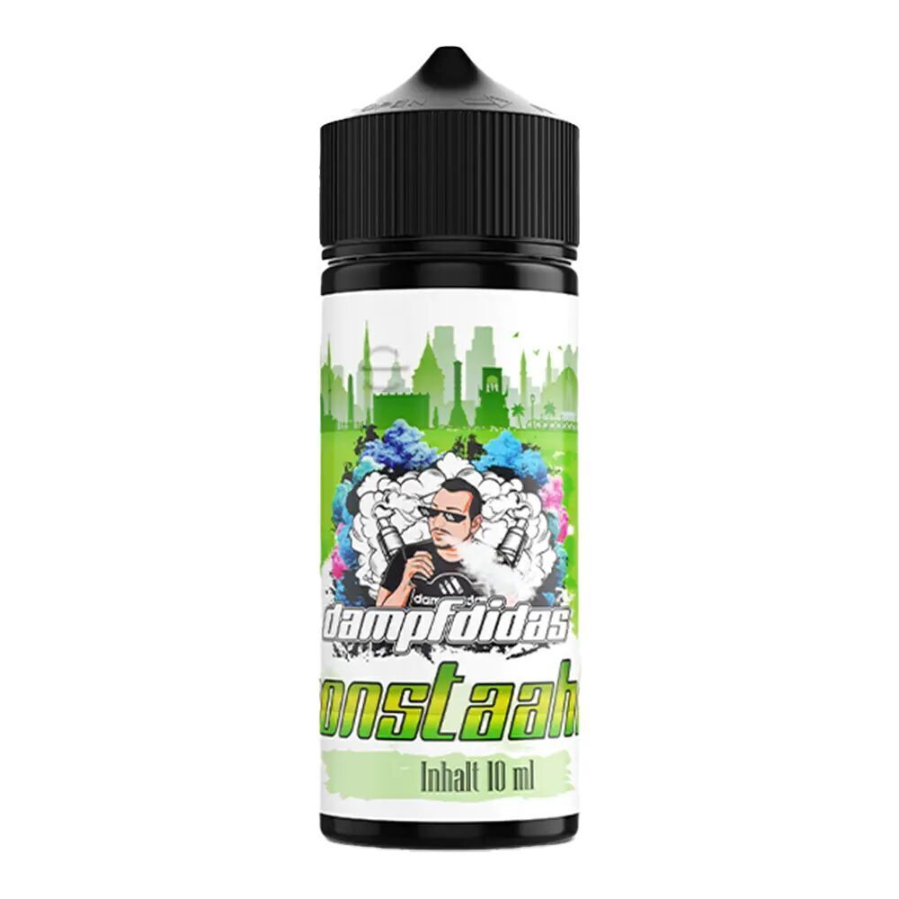 Flasche Dampfdidas Aroma Monstaahh mit grünem Stadthintergrund, dampfendem Cartoon-Charakter im Vordergrund und Text "Inhalt 10 ml"