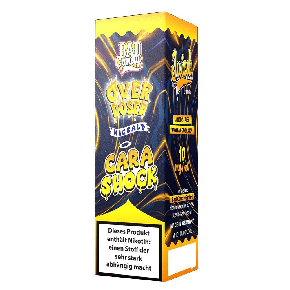 Liquid Cara Shock 20mg - Bad Candy Overdosed Verpackung von Bad Candy Overdosed Nicsalt Cara Shock mit gelbem und blauem Design, enthält 10 mg/ml Nikotin und Warnhinweis über Abhängigkeit.