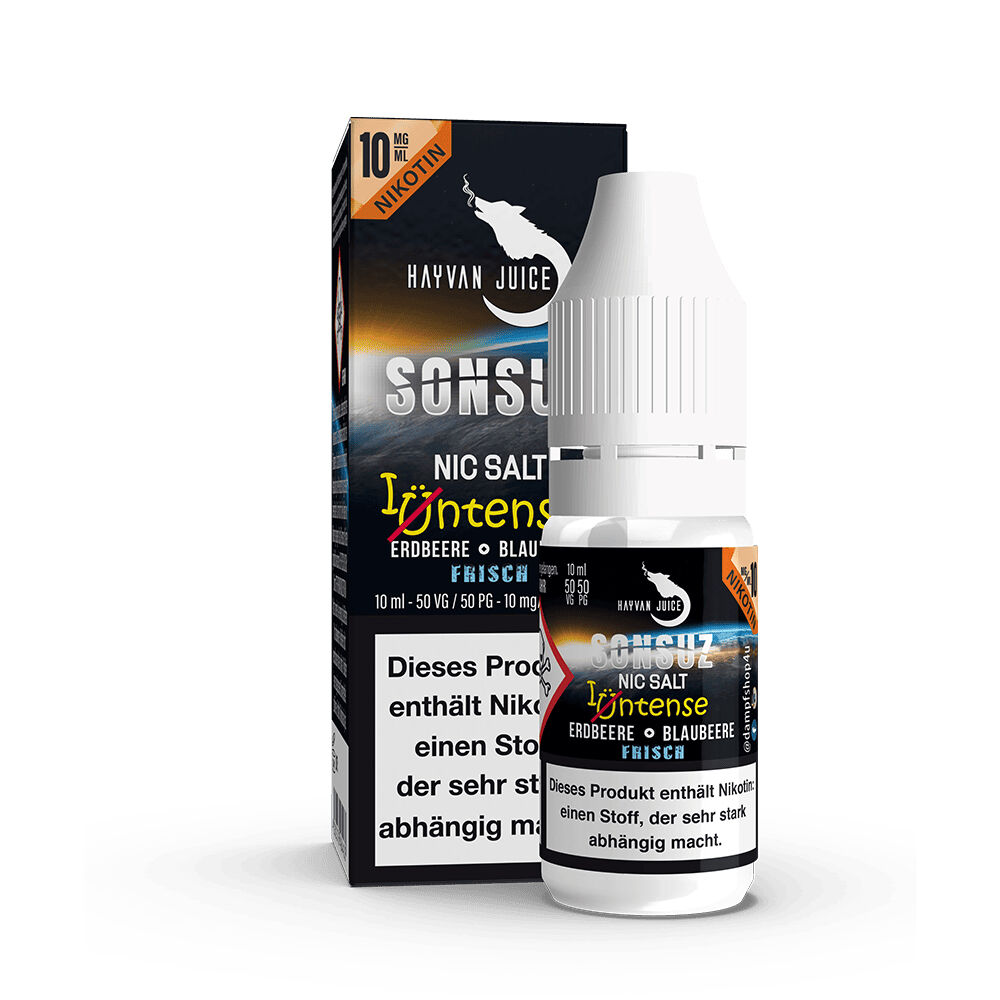 Hayvan Juice Nikotinsalz - Sonsuz 10mg Hayvan Juice Nikotinsalz Sonsuz 10mg, 10ml Flasche mit Verpackung, Geschmacksrichtungen Erdbeere, Blaubeere, Frisch, enthält Nikotin.