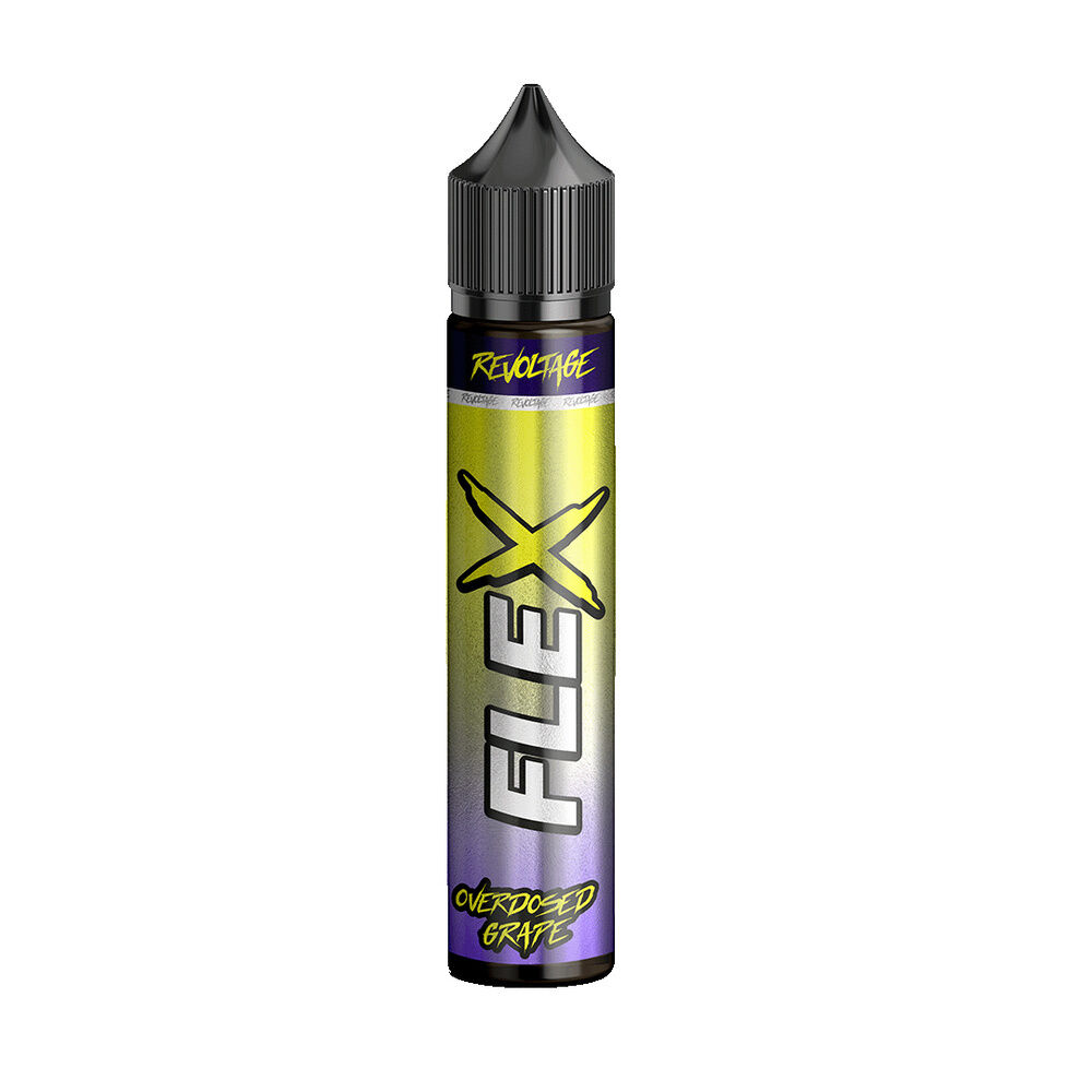 revoltage-flex-longfill-aroma-grape-7ml Revoltage Flex Longfill Aroma Grape Flasche mit schwarzem Deckel, gelb-violetter Farbverlauf und großem "FLEX"-Schriftzug.