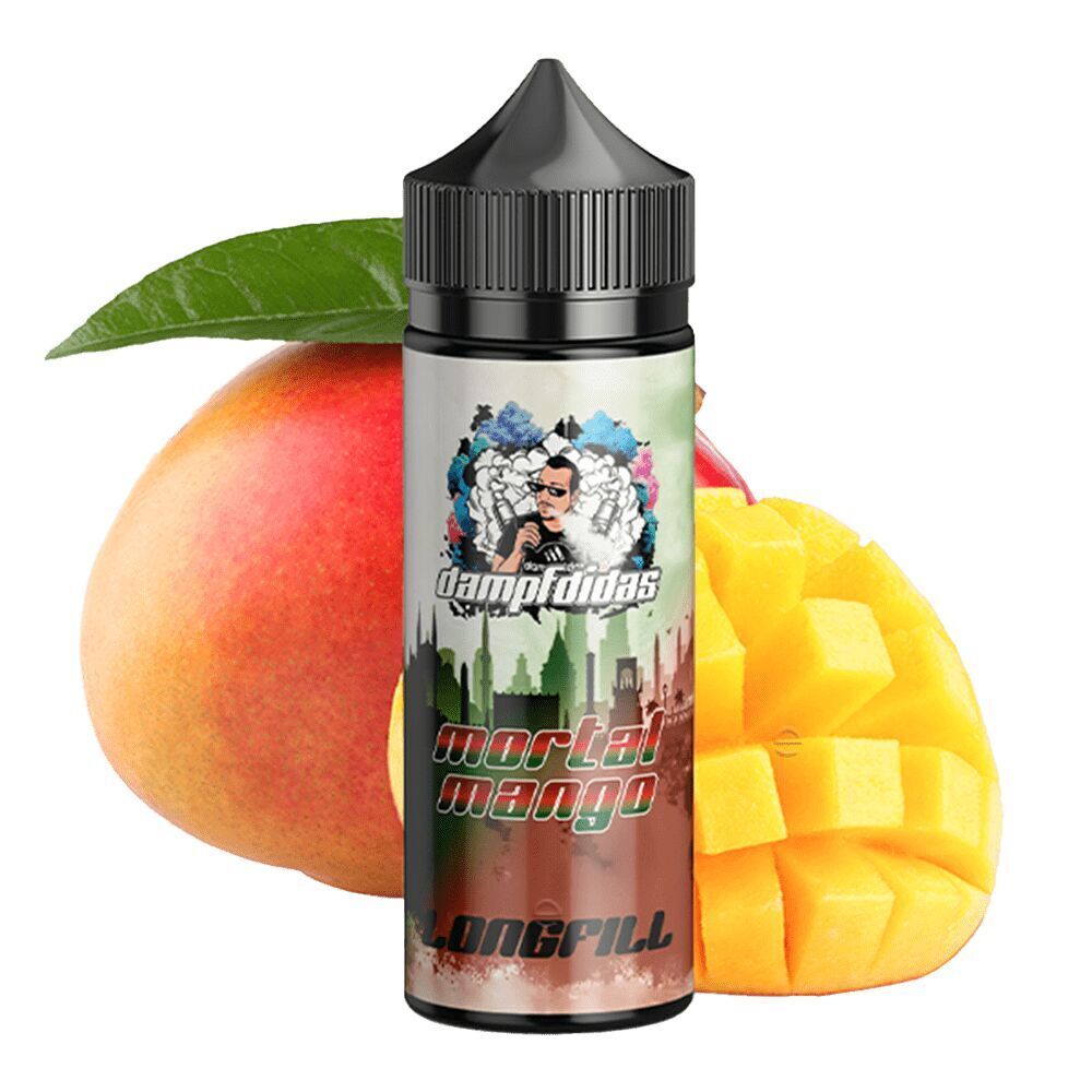 Aroma Mortal Mango von Dampfdidas E-Flasche Dampfdidas Aroma Mortal Mango mit stilisiertem Etikett, daneben eine ganze und angeschnittene Mango vor grünem Blatt.