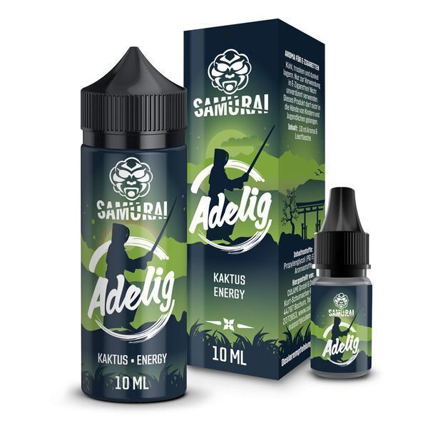Aroma Adelig von Samurai Zwei Samurai Aroma Kaktus Energy Flaschen und eine Verpackung mit dunklem Design und grünen Akzenten, Aufschrift Adelig sichtbar
