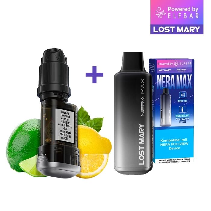 Lost Mary Nera Max 15K Pods - 20mg Nikotinsalz Lost Mary Nera Max 15K Pods mit Lemon Lime 20mg, schwarzer Verdampfer neben der Verpackung, umgeben von Limetten- und Zitronenscheiben