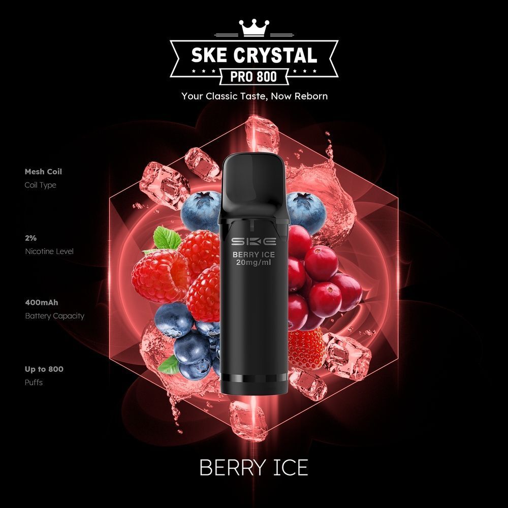 SKE Crystal 800 Pro Pods - Berry Ice SKE Crystal Pro Berry Ice Pod mit Beeren- und Eiswürfel-Dekor, 20mg/ml Nikotin, 400mAh, bis zu 800 Züge