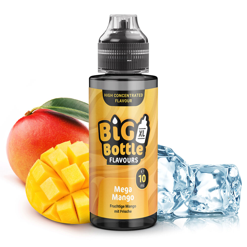 Mega Mango - Big Bottle Flavours Big Bottle Flavours Aroma Mega Mango Flasche vor frischer Mango mit Würfelschnitt und Eiswürfeln.