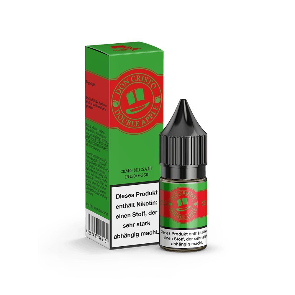 Liquid Double Apple 20mg - Don Cristo Don Cristo Nikotinsalz Double Apple 10mg Flasche und Verpackung mit rotem Logo und Warnhinweis über Nikotinabhängigkeit