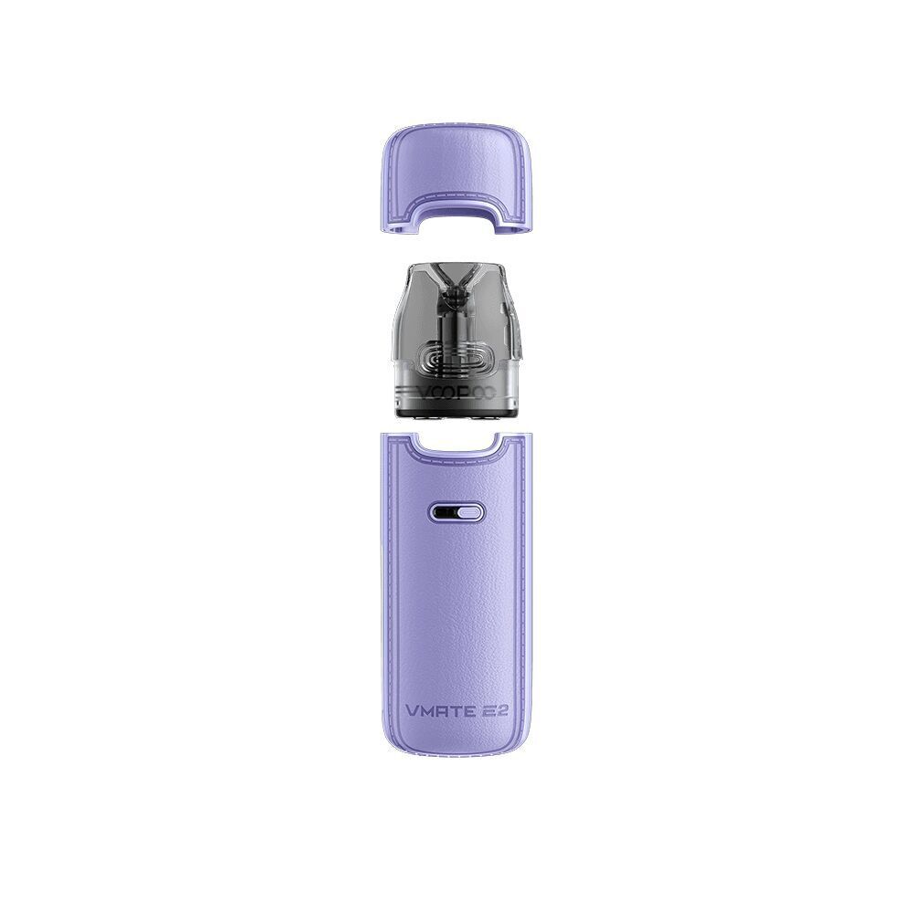 Voopoo Vmate E2 Pod Kit in Lavender Purple mit abnehmbarer Kappe, transparentem Pod und schmalem Design, Text "VMATE E2" sichtbar.
