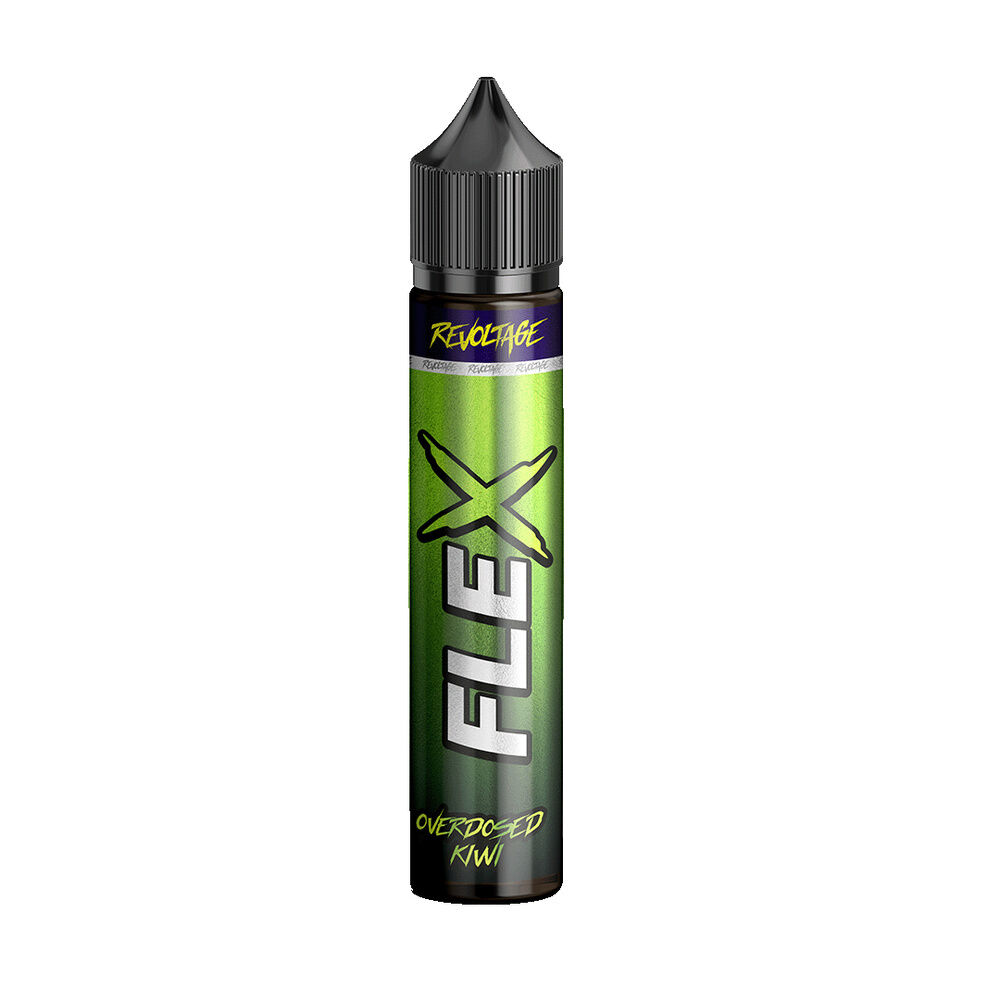 revoltage-flex-longfill-aroma-kiwi-7ml Revoltage Flex Longfill Aroma-Flasche mit grünem Design und schwarzem Deckel, Text: "FLEX" und "Overdosed Kiwi" sichtbar