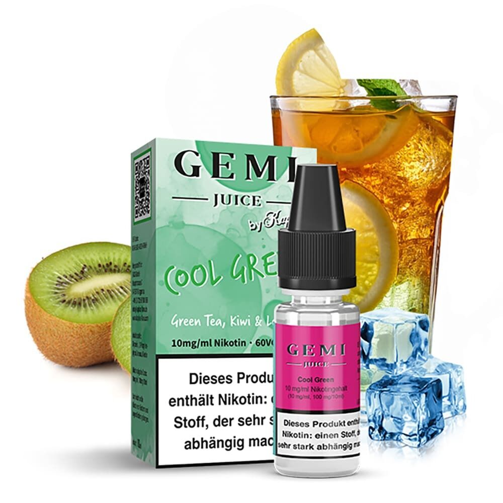 Liquid Cool Green von Kapkas Gemi Juice Kapkas Gemi Juice Cool Green Nikotinsalzflasche vor Packung; Kiwi, Glas mit Eistee, Zitronenscheiben und Eiswürfeln daneben.