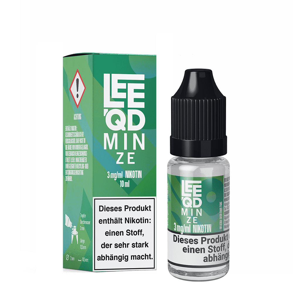 Lee QD Liquid Fresh Minze 3mg Flasche und Verpackung, beide in Grün mit Warnhinweis zu Nikotinabhängigkeit, 10ml.