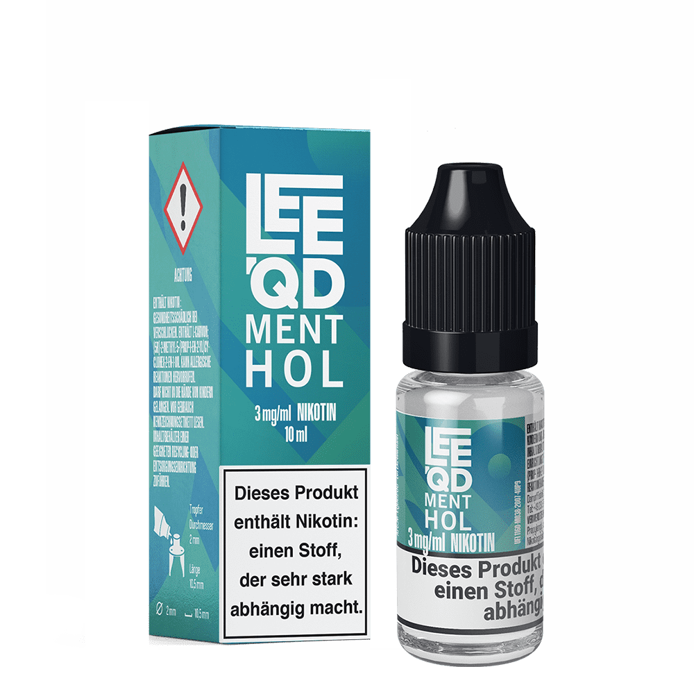 Liquid Fresh Menthol 3mg - Leeqd LeeQD Menthol 3mg E-Liquid Verpackung und Flasche mit Warnhinweis auf Nikotin, blau-grünes Design, 10ml Volumen sichtbar.