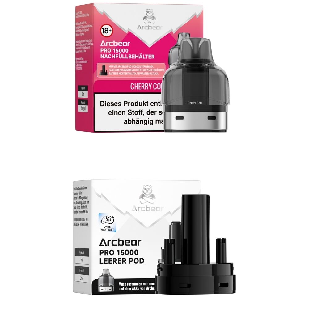 Arcbear Pro 15000 Pods - Cherry Cola Ice 20mg Arcbear Pro 15000 Pods mit Cherry Cola Ice Geschmacksrichtung, Verpackung und Pod sichtbar, deutlicher Warnhinweis für über 18.