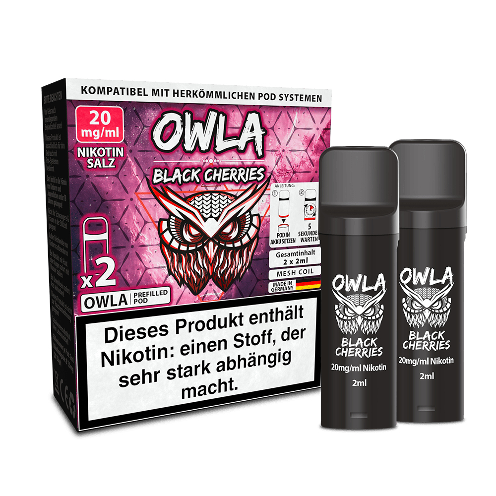 Owla Pods Black Cherries 20mg, zwei schwarze 2ml-Kartuschen und Verpackung mit Eulen-Design, enthält Nikotin, kompatibel mit Pod-Systemen.