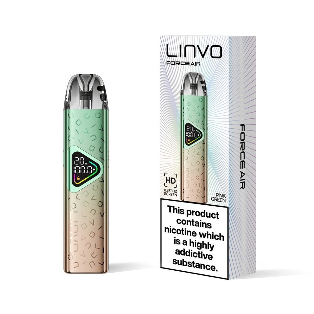 Linvo Force Air Pod Kit - Pink Green Linvo Force Air Pod Kit in Pink Green mit HD Screen und Verpackung, Warnhinweis zur Nikotinsucht auf Schachtel sichtbar.