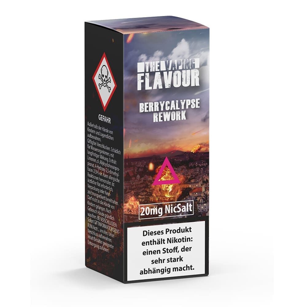 Liquid Berrycalypse 20mg - The Vaping Flavour Produktverpackung von The Vaping Flavour, Berrycalypse Rework mit Warnhinweis über Nikotinsuchtpotenzial, 20mg NicSalt Aufschrift