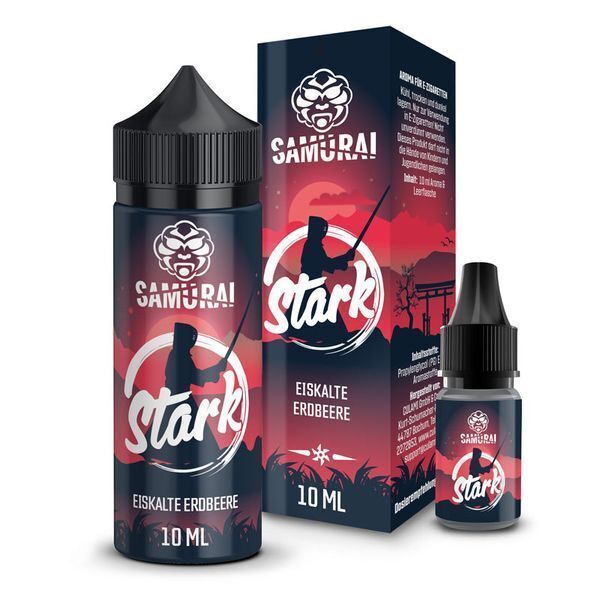 Aroma Stark von Samurai Zwei Flaschen und eine Verpackung von Samurai Aroma Stark mit einem Silhouetten-Samurai, Label "Eiskalte Erdbeere", rot-schwarzes Design.