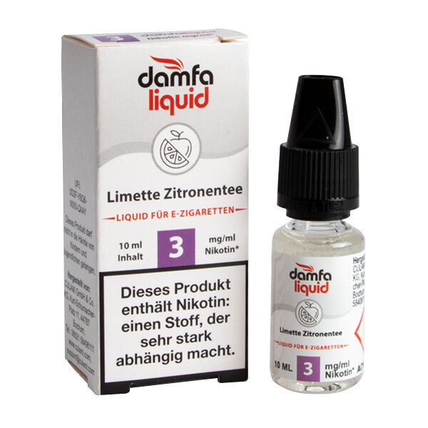 Liquid Limette Zitronentee 3mg - damfaliquid Damfaliquid Limette Zitronentee E-Zigaretten-Liquid 3mg in Box und Flasche mit Hinweis auf Nikotingehalt und Abhängigkeit.